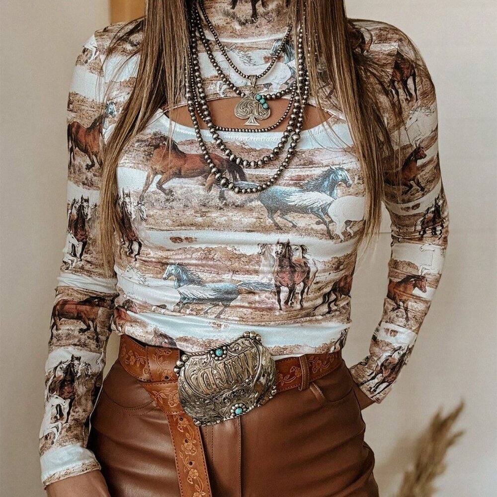 Casual Multicolor Women's Western Mustang Print Long Sleeve Hollowed Top